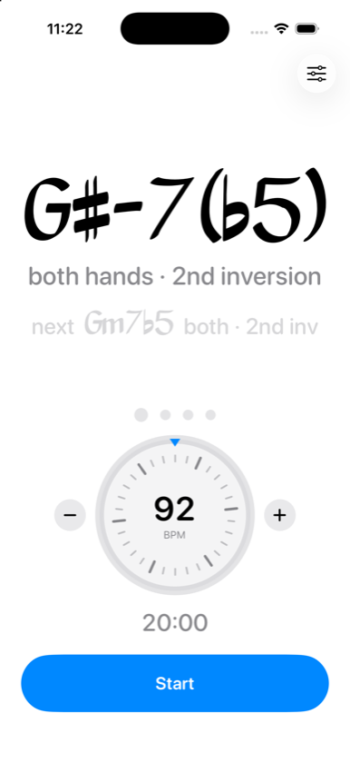 A chord card reading F♯m7♭5, with its voicing and the next chord below