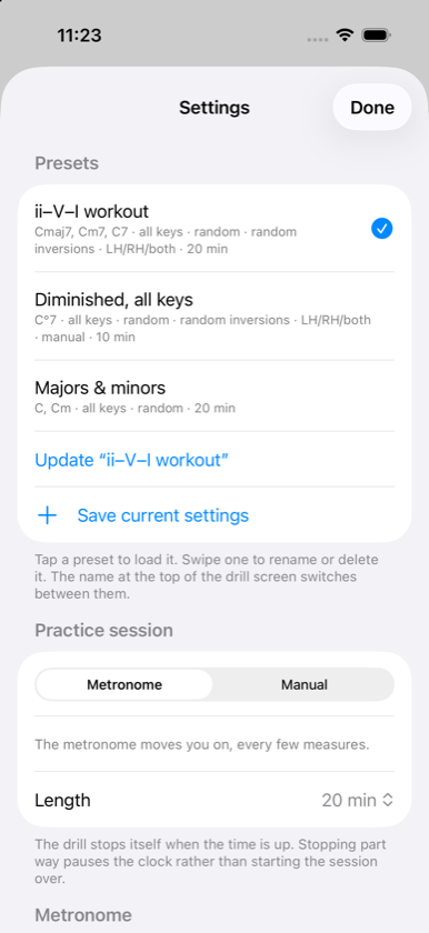 The presets list in settings